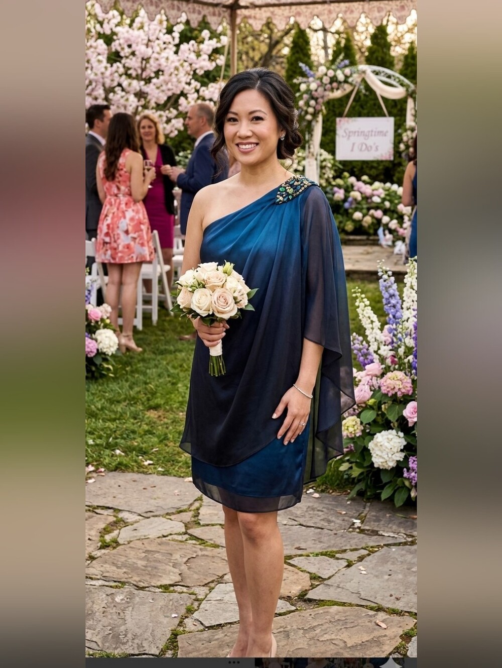 One-Shoulder Navy Blue Cocktail Dress with Sheer Capelet